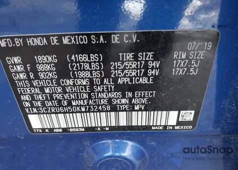 2019 Honda Hr-V Ex z USA, uszkodzony, nr VIN 3CZRU6H50KM732458